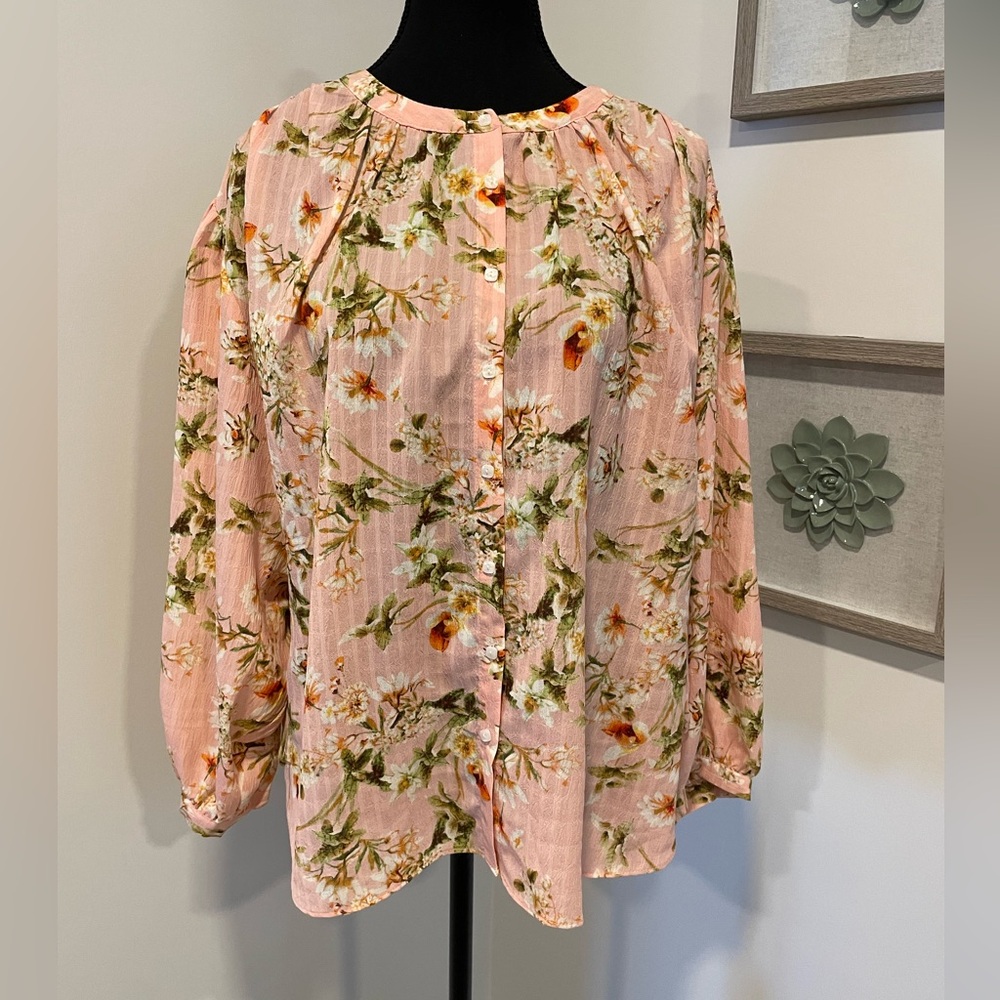 Rose & Olive Pink Sheer Floral Button-Up Cottagecore Oversized Blouse NWT!